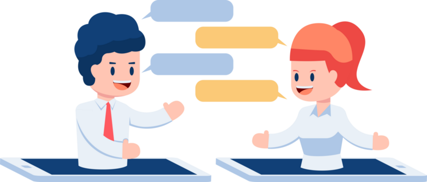 Pixelated Man and Woman Chatting on Smartphones with Speech Bubbles on a Transparent Background - Powered by Adobe