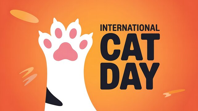 Celebrate international cat day with a playful white cat paw reaching up against a vibrant orange background with abstract shapes