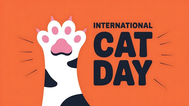 Celebrate international cat day with a playful paw print and bold typography on a vibrant orange background - Powered by Adobe