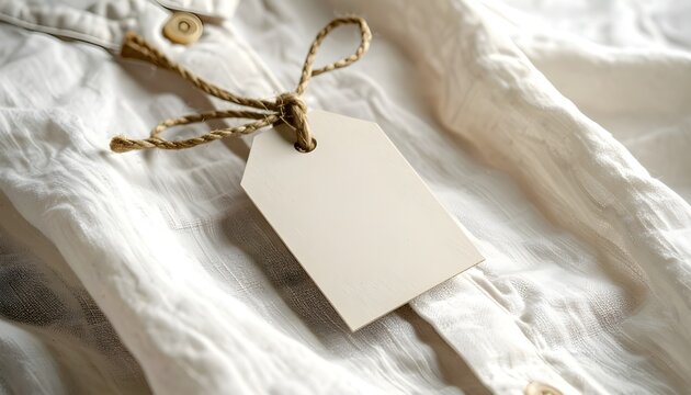 Blank hang tag tied with jute string on a linen shirt