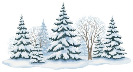 Fototapeta premium Snowy Pine Trees In Winter Landscape - Winter scene featuring snow-covered pine trees. Represents cold, nature, stillness, and tranquility. It's a peaceful landscape