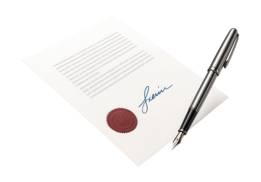 Signed document with a stamp and pen.