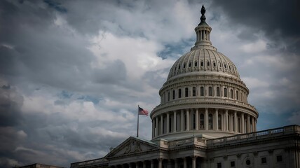Dramatic view of the united states capitol building dome against a moody overcast sky