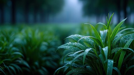 Lush Green Grass Macro with Dew Drops in Cinematic Lighting Wet Grass Blades in a Field with Blurred Trees and Deep Blues and Greens Serene Nature Scene
