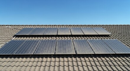 Fototapeta premium Solar Panels On A Roof - A shot of solar panels installed on a roof, showcasing sustainable energy