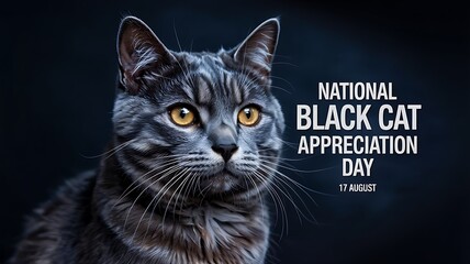 Close up portrait of a beautiful domestic black cat with striking yellow eyes celebrating national black cat appreciation day