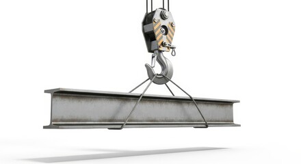 Steel Beam Lifted by Crane Hook - A steel beam suspended in the air, supported by a crane hook, symbolizing construction, industry, strength, and engineering against a white background