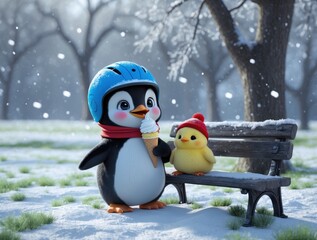 Cute penguin in snowy park with small yellow chick