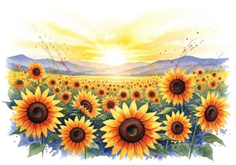 Obraz premium Sunflowers Fields Golden Evening Light - A watercolor painting of sunflowers field in sunset. Symbolizes nature, growth, tranquility, warmth, and hope