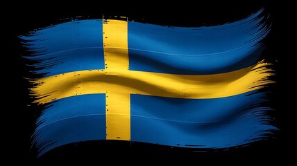 Waving swedish flag with a distressed texture and a golden yellow cross against a stark black background creating a patriotic and artistic representation