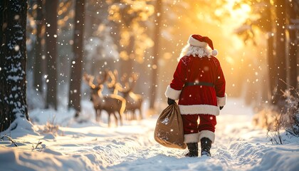 Santa Claus holding a sack of Christmas presents walking through the snow with reindeer in the background, festive holiday snowy wallpaper scene