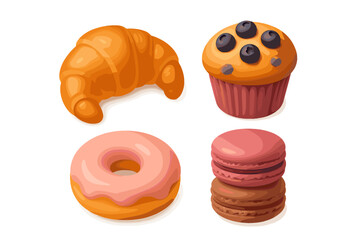 Delicious assortment of baked treats on a clean white background including croissant, muffins, donuts, and macarons