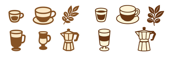 Creative coffee illustrations featuring cups, beans, and brewing equipment in a minimalistic style