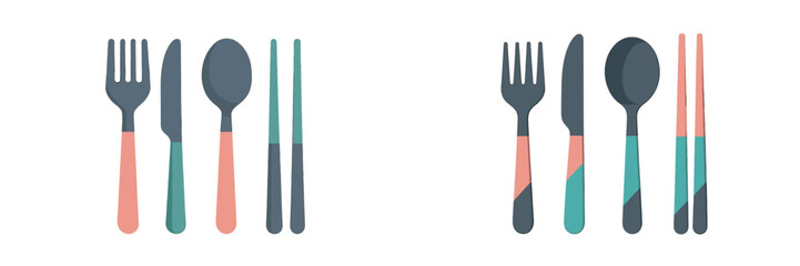 Colorful cutlery sets displayed on a white background, featuring forks, knives, spoons, and chopsticks