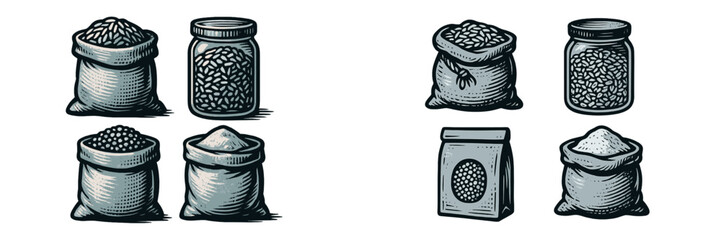 Different types of grains and powders displayed in bags and containers at a market setting