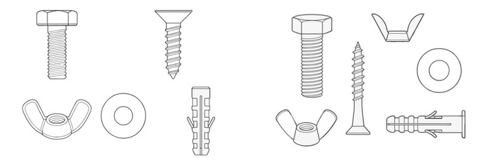 Various types of fasteners displayed on a white background, including screws, bolts, and washers