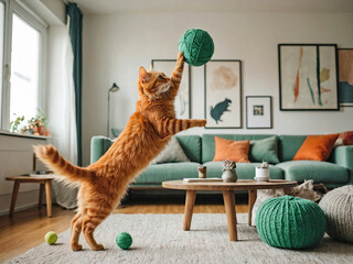 Cute orange cat play with yarn balls in colorful living room