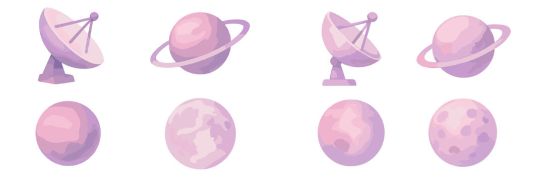 Colorful watercolor illustrations of planets and satellite dishes in shades of pink and purple showcasing space themes and cosmic designs