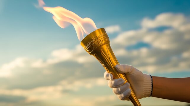 Hand holding a golden olympic style torch with a bright flame against a cloudy sky symbolizing sports competition and achievement