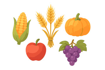 Colorful display of various fruits and vegetables highlighting autumn harvest time in a simple and vibrant design