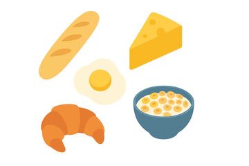 Breakfast assortment featuring bread, cheese, eggs, croissant, and cereal in a simple, colorful layout