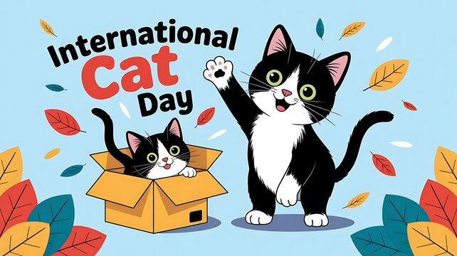 Cute black and white tuxedo cats celebrating international cat day with playful poses and autumn leaves
