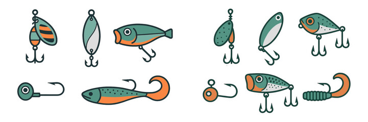Various fishing lures displayed on a flat surface showcasing different designs and types