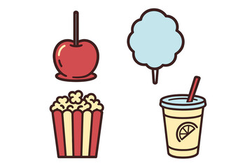 Colorful carnival snacks include a candy apple, cotton candy, popcorn, and a refreshing drink perfect for fairgoers