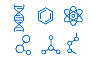 Blue scientific symbols representing DNA, molecules, and atomic structures on a clean background