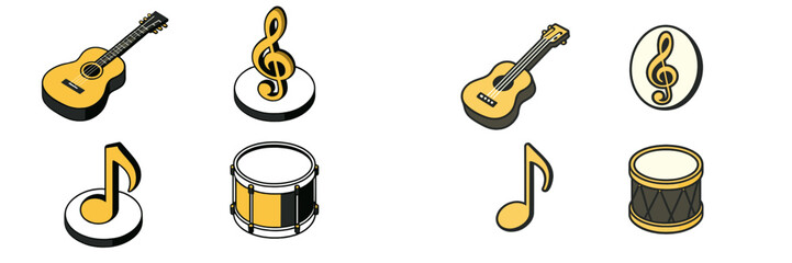 Colorful musical icons featuring instruments and notes in a playful design for creative projects and educational materials © Alan