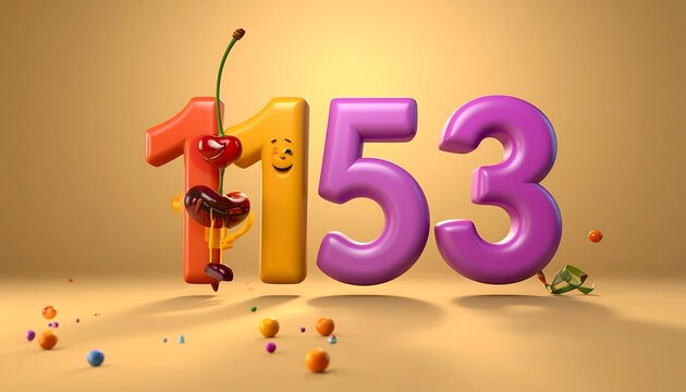 Colorful 3D rendering of the numbers 1153 with anthropomorphic elements and a playful composition. Light brown backdrop