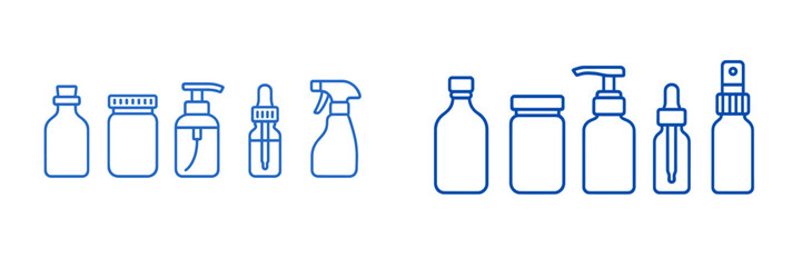Collection of simple line drawings of various bottles and containers for cleaning and personal care products