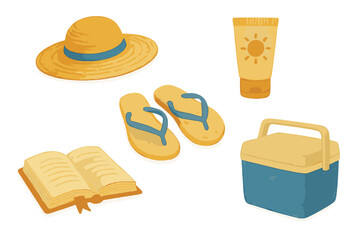 Summer essentials for a fun day at the beach or park including a straw hat and sunscreen