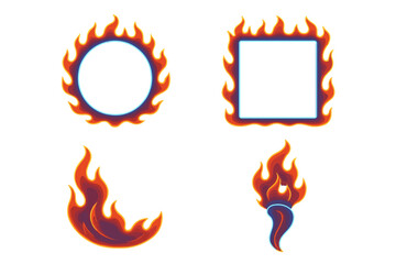 Bright flame designs featuring round and square shapes with colorful fiery accents in a creative, modern style