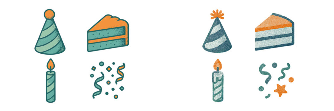 Festive party elements including cake, candles, and party hats for celebrations and gatherings