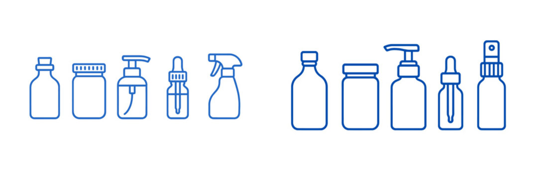 Collection of simple line drawings of various bottles and containers for cleaning and personal care products