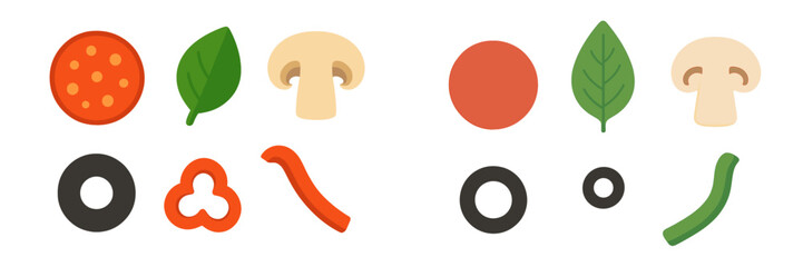 Various toppings arranged on a simple background for a pizza preparation scene showing ingredients and colors