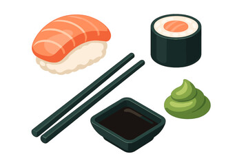 Various types of sushi with chopsticks, wasabi, and soy sauce on a plain background for culinary presentation