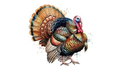 A vibrant watercolor illustration of a turkey, showcasing its colorful plumage. Concept: Thanksgiving, autumn, wildlife, bird, art