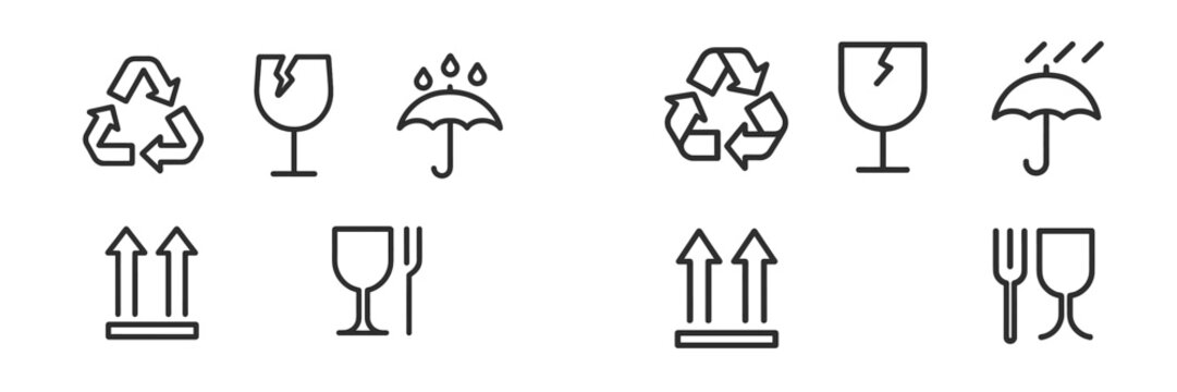 Icons representing recycling and care instructions for glassware and breakable items in everyday use