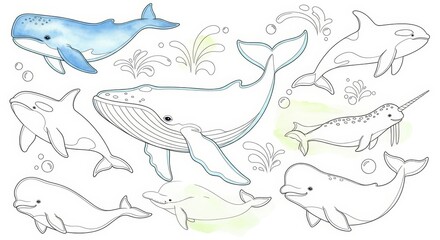Whales illustrations for coloring, featuring various whale species, playful and educational for children. A great coloring book for kids