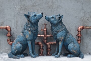 Two blue wolves sit facing each other, surrounded by copper pipes