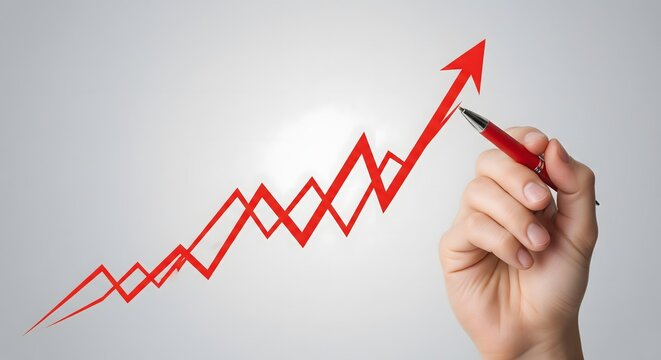 Hand Drawing Upward Red Zigzag Arrow Growth Chart, Business Success Graph, Financial Analytics Progress, Rising Profits Data Visualization, Statistical Report, Investment Opportunity Concept, Economic