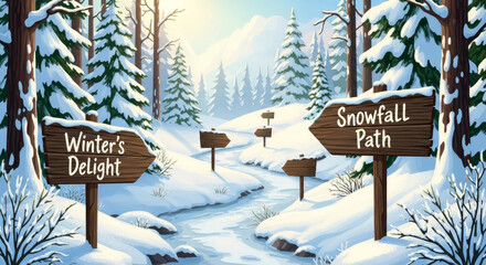 A scenic illustration depicting wooden signs guiding through a snowy winter forest. The symbolizes direction, choices, tranquility, natural beauty, and the season of winter