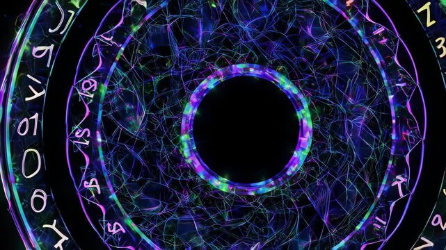 Concentric rings of vibrant neon colors and cryptic symbols