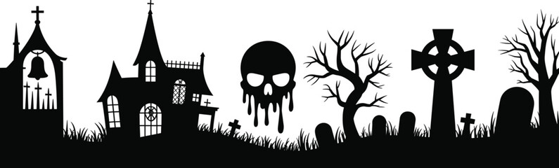 Spooky haunted graveyard with haunted house, creepy skull, scary trees, gothic crosses, and Halloween cemetery silhouette vector illustration design