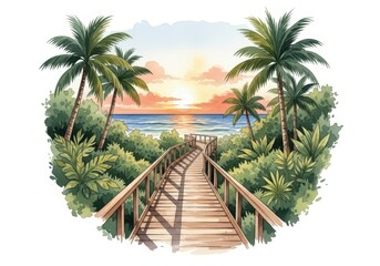 Watercolor illustration of a wooden path leading to the ocean at sunset, surrounded by palm trees and lush greenery