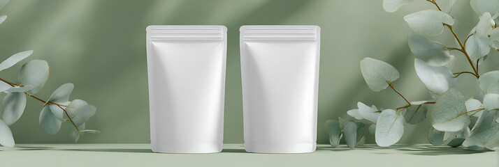 Two identical white stand-up pouches with soft eucalyptus branches and dappled shadows on a pastel green background, implying natural products.
