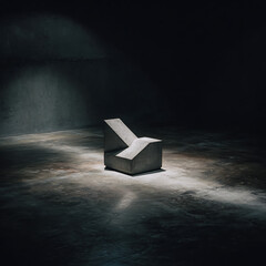 A stark, minimalist concrete chair illuminated by a single spotlight in a dark, empty room, conveying solitude and modern design.
