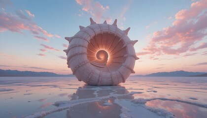 Seashell spiral on reflective salt flat at sunset